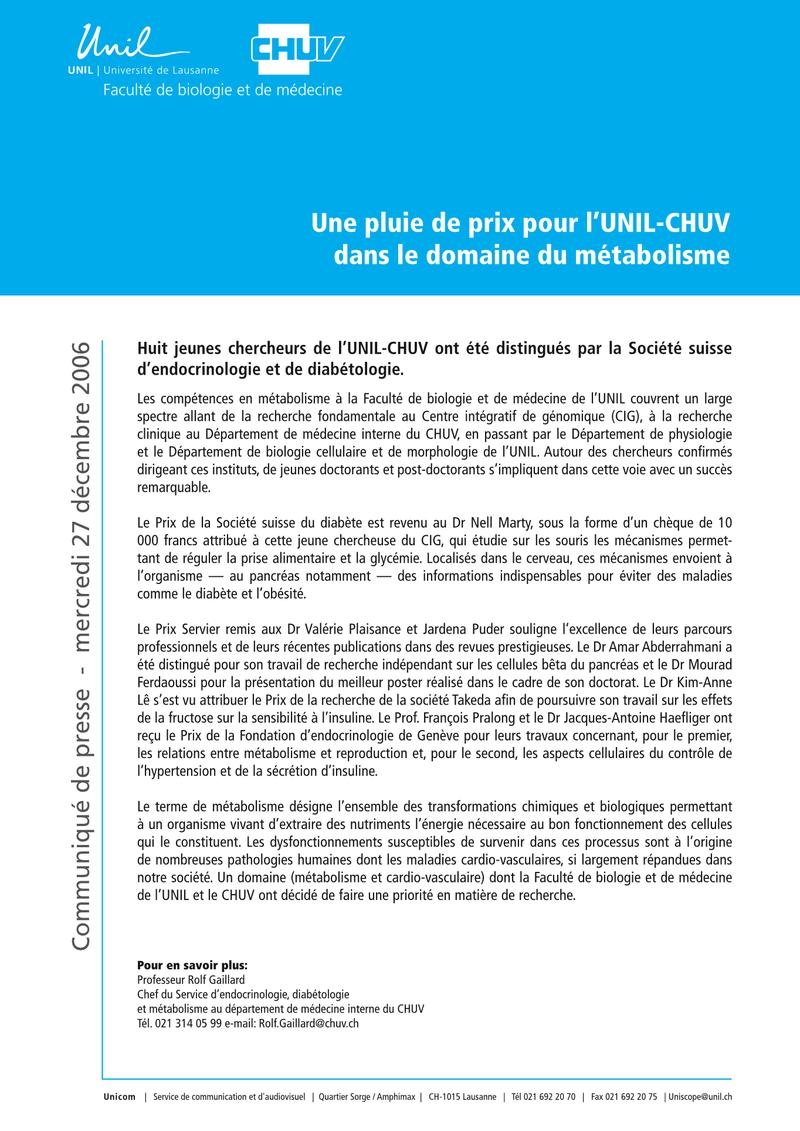 Communiqué de presse UNIL-CHUV, décembre 2006
